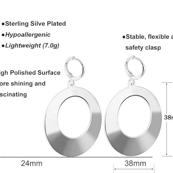 Women 14k Silver Plated Geometric Round Dangle High Polished Surface Earrings - Picture 9 of 9